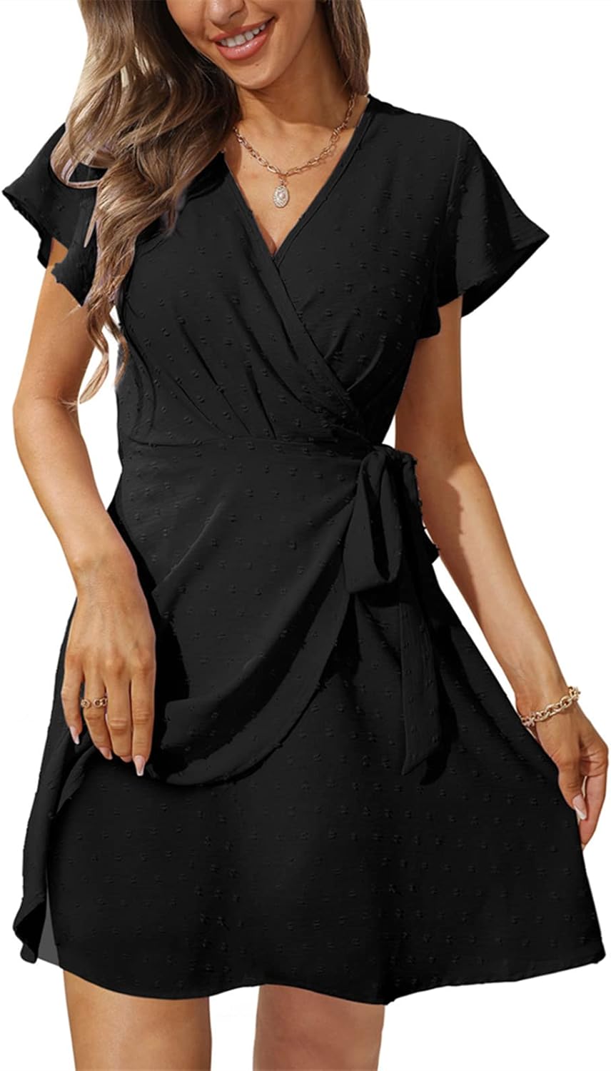 Aokosor Summer Dresses for Women V Neck Dress Ladies Mini Ruffle Sleeve Dress Elegant