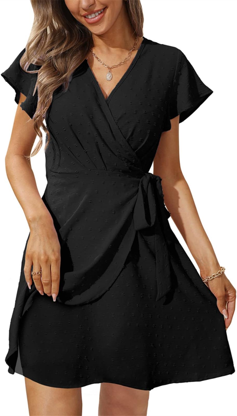 AokosorSummer Dresses for Women V Neck Dress Ladies Mini Ruffle Sleeve Dress Elegant