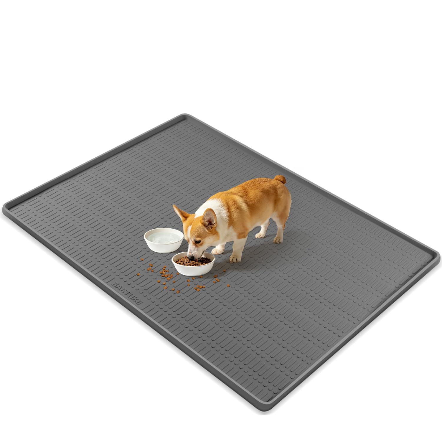 Kalolary 47" x 35" Silicone Dog Food Mat, Waterproof Pet Feeding Mat with Raised Edge, Extra Large Dog Bowl Mat Non-Slip Water Bowl Placemats for Dogs, Protects Floors, Easy to Clean (Dark Gray)