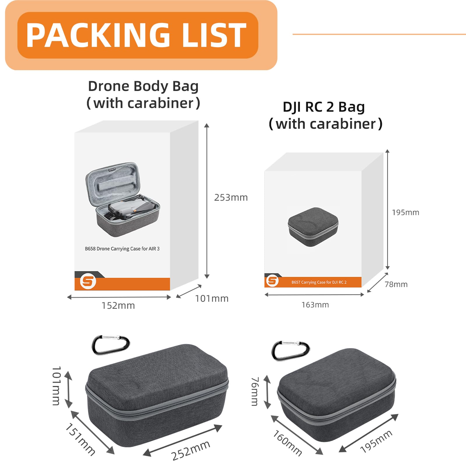 Custodia per DJI Air 3S 3, borsa da viaggio portatile, accessorio per droni, Drone Bag+rc 2/1 Bag, 25.2 x 15.1 x 10.1 centimeter, Custodia per droni