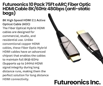 (10 Pack 75Ft eARC Fiber Optic HDMI Cable 8K/60Hz 48Gbps (Anti-Static Bags)