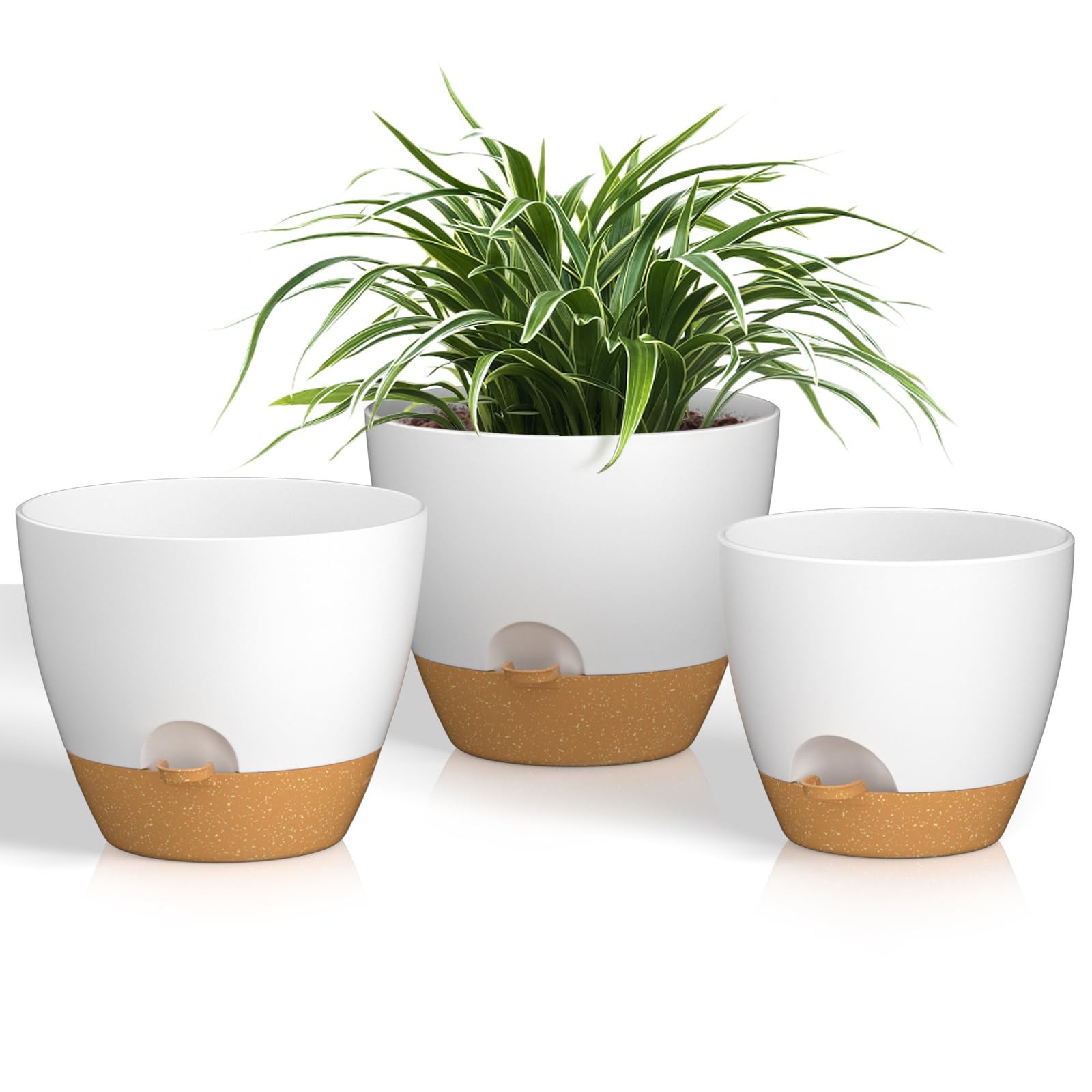 ZMTECH 8/9/10 Inch Self Watering Plant Pots with Watering Lip, Planters with Drainage Holes and Removable Saucer, Plastic Flower Pots for Indoor Outdoor Plants (3 Pack,White)