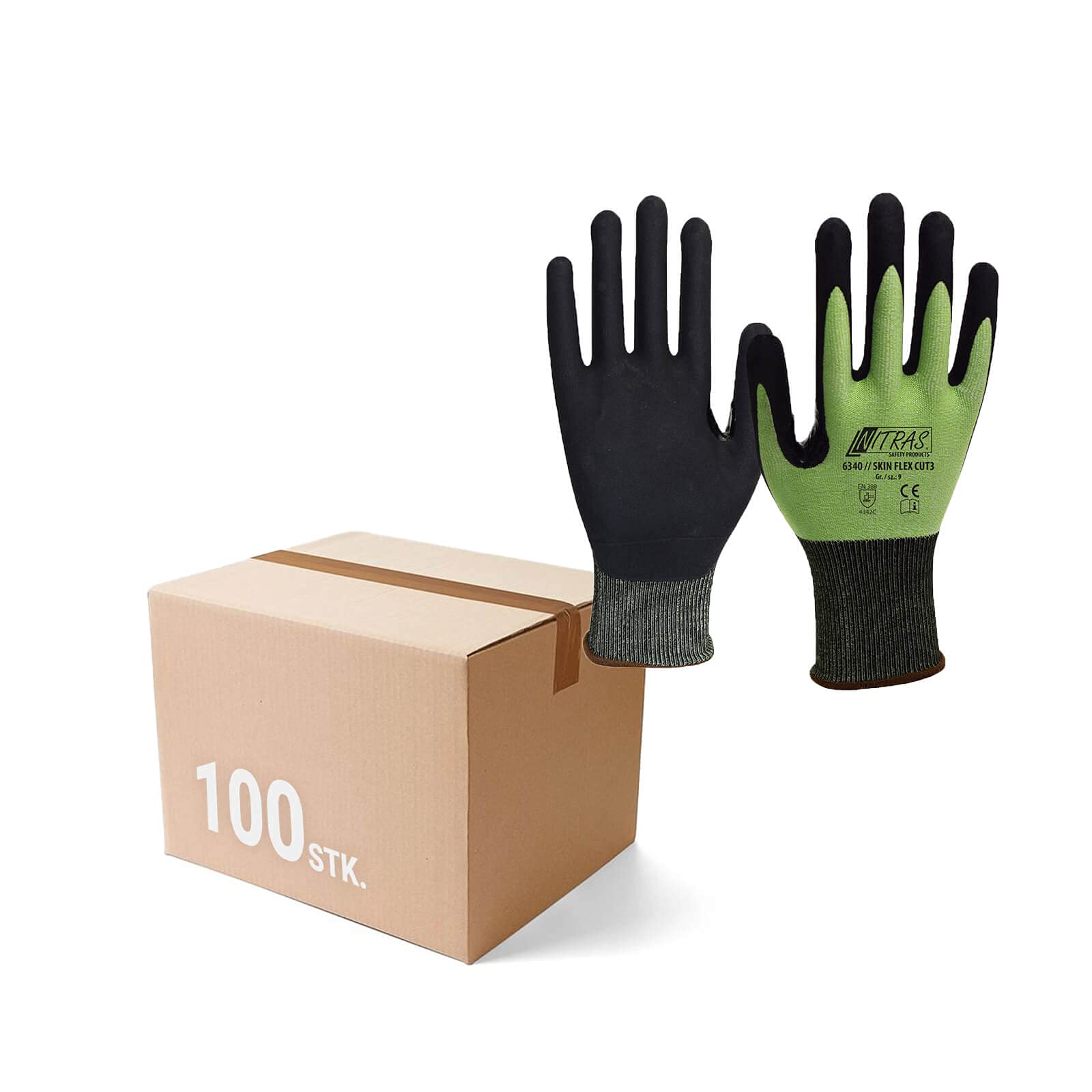 Nitras Schnittschutzhandschuh Skin Flex 6340 CUT 3 - VPE 100 Paar - perfekte Passform, verstärkte Daumenbeuge, Größe:10 (XL)
