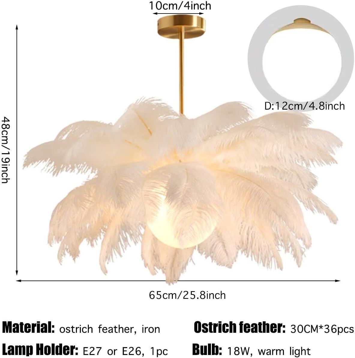White Ostrich Feather Pendent Light - Feather Ceiling Light & Chandelier for Bedroom, Living Room