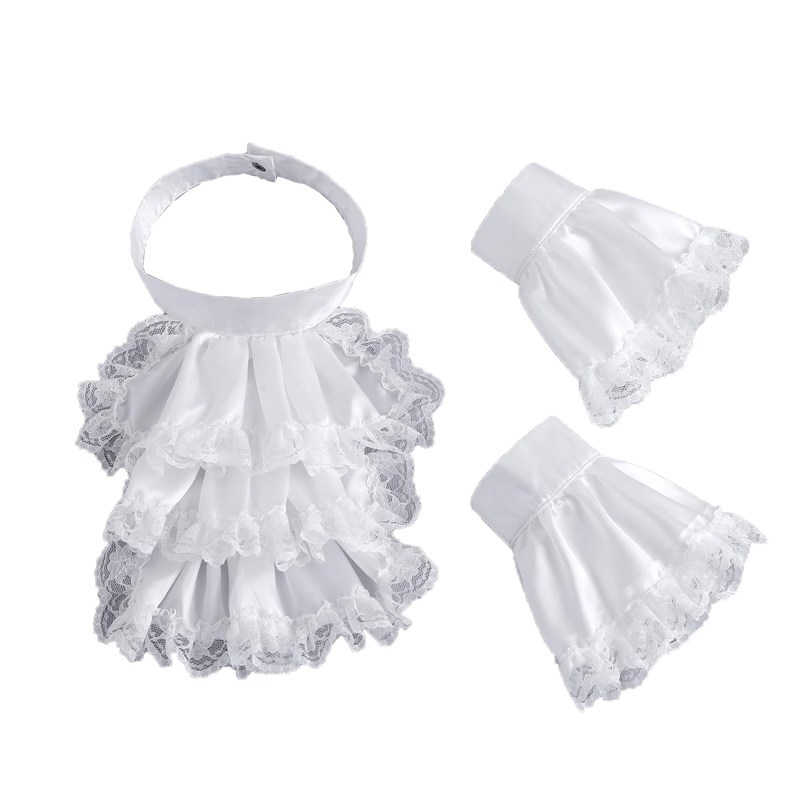 XEPST 3 Pieces Colonial Unisex Lace Jabot Collar and Cuffs Set, White Victorian Lace Jabot Neck Ruff Collar Costume Accessory for Women Men Victorian Colonial Costume