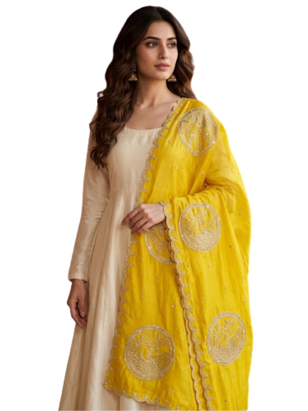 dupatta bazaar Women's Embroidered Soft Shimmer Tissue Silk Dupatta with Zardozi Ethnic Motifs | Lightweight Festive Dupatta for Kurti, Suit and Lehenga | Embellished Border, Free Size (Mustard)-picture-40