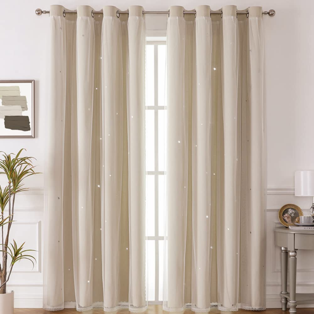 Freyamy Rideau Occultant Étoile Creux Thermique Isolant Anti Froid Oeillets Léger Fenêtre 244x132cm Beige 2 Pièces
