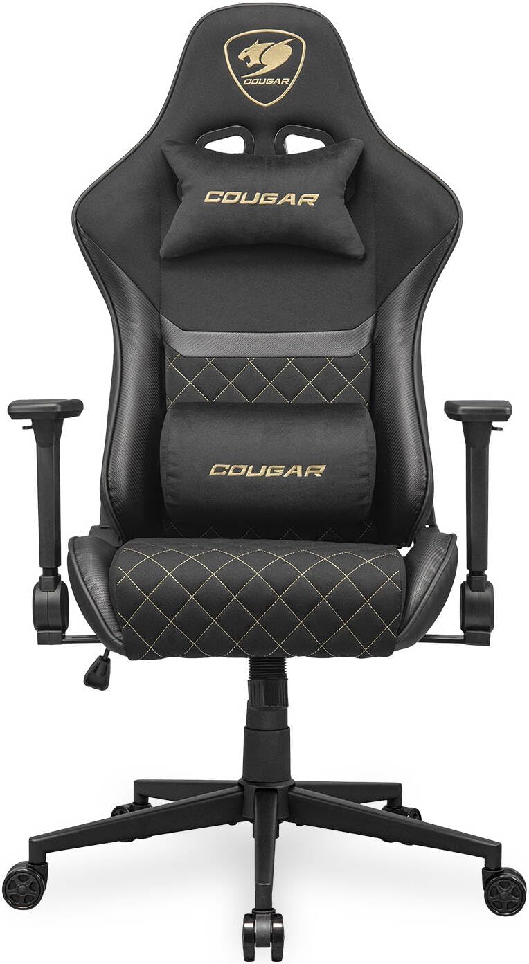 COUGAR Armor One V2 Gold F Gaming Chair, Woven Fabric Surface, 4D Folding Armrests, 155° Reclining, Piston Lift Height Adjustment, Up to 120 kg Weight Support - Black & Gold