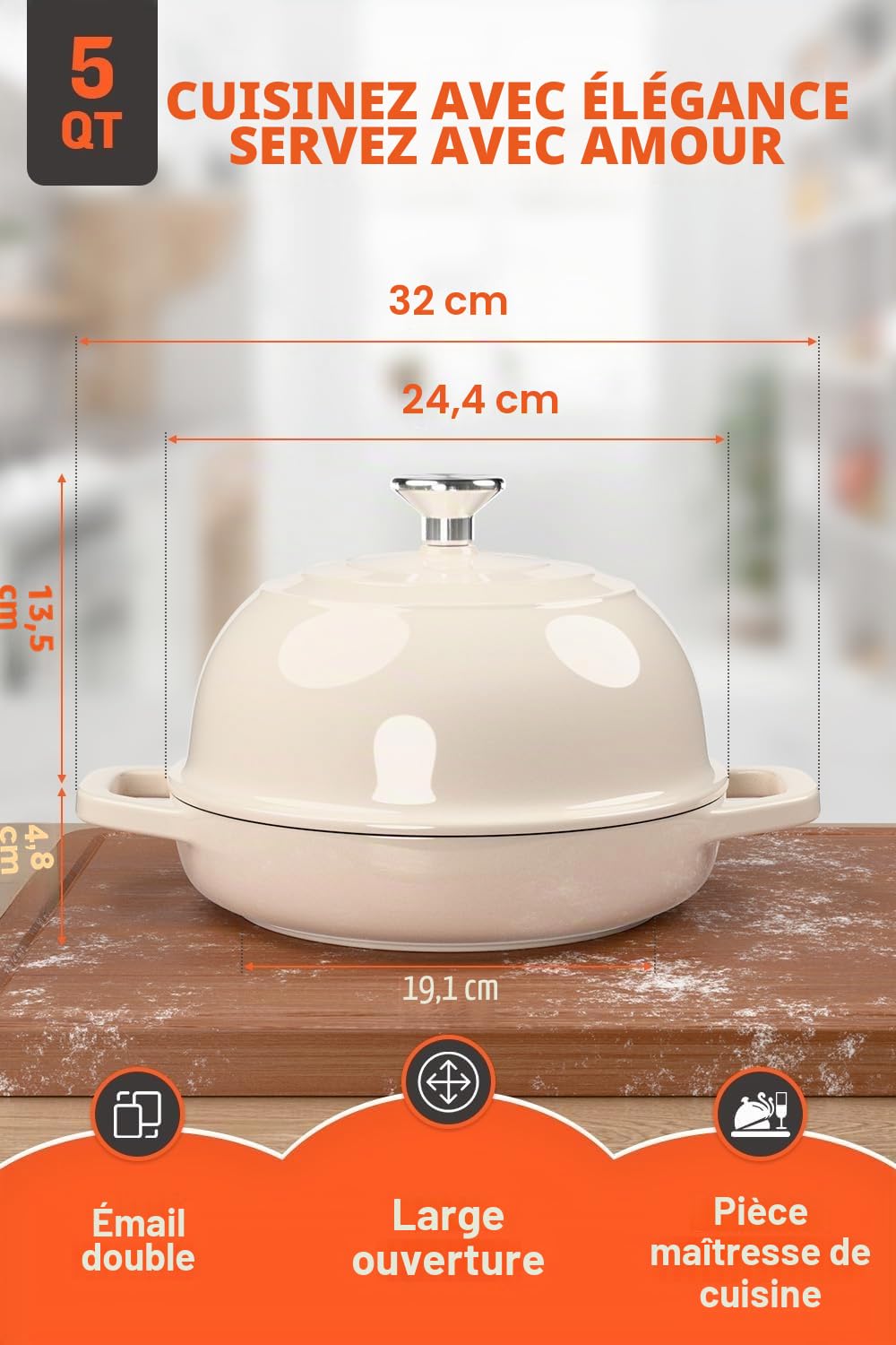 GFTIME Casserole en fonte avec couvercle, 5 quart Dutch Oven, moules à pain avec panier de fermentation, trancheuse, mélangeur à pâte, casserole en fonte pour cuisine, pâtisserie