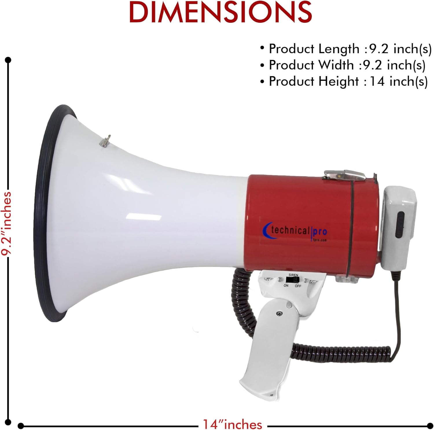 Technical Pro Portable 75-Watts 800M-1000M Range Megaphone Bullhorn Speaker with Strap, Siren, & Volume Control, Good for Trainers, Camping, Coaches, Cheer Leaders