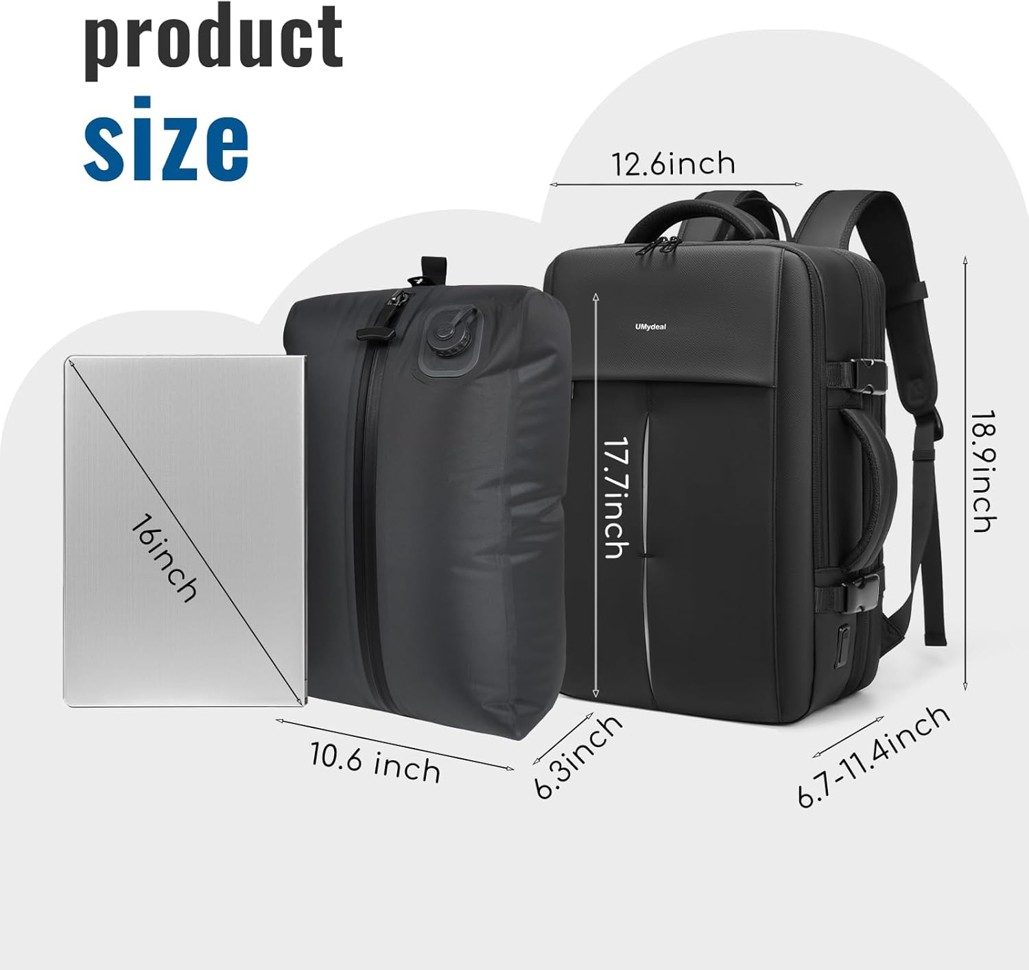 Vacuum Backpack Travel with Pump, Large 60L Expandable Backpack, Water Resistant Computer Bag with USB Charging Port, Carry on Vacpack Backpacks Flight Approved - Image 3