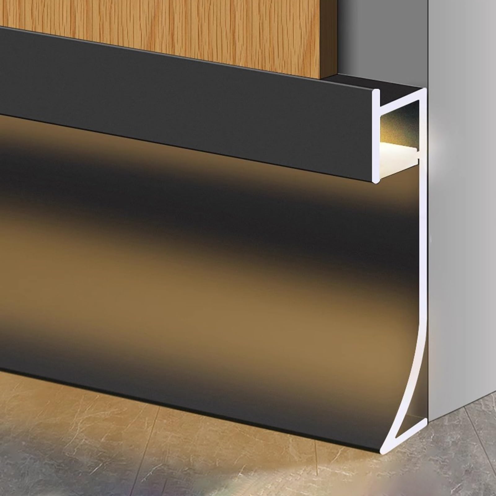 Llpsmeng-EU Black LED Skirting Board Aluminum, Recessed LED Channel Baseboard Lighting, Kitchen Cabinet Hallway Light Strip Wall Baseboard Molding Trim(5.5m)