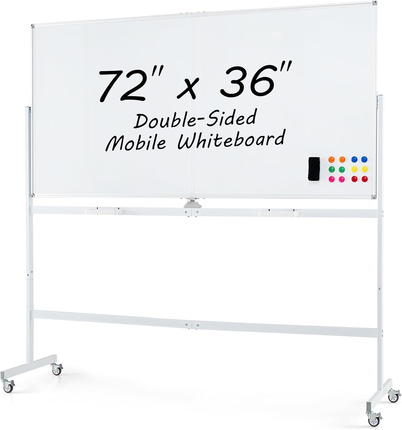 Goplus 72" x 36" Rolling Whiteboard, Double-Sided Magnetic Dry Erase Board with Stand and Aluminum Alloy Frame, 1 Eraser, 6 Markers and 12 Magnets, Mobile White Board on Wheels for Home Office School