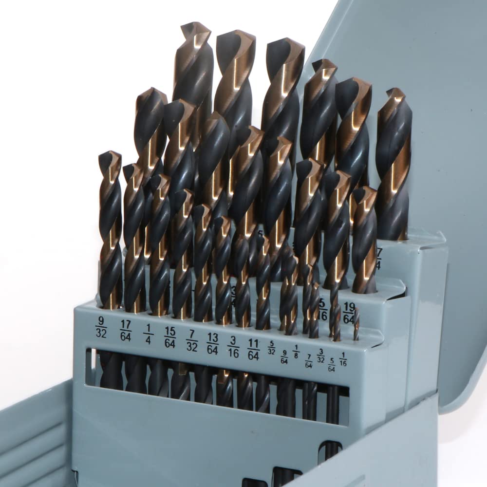 29PCS 1/16"-1/2" HSS Black Gold Twist Drill Bit Set, 135 Degree Split Point, Jobber Metal Drill Bit, General Purpose For Use in Mild Steel, Copper, Aluminum, Zinc Alloy, Wood, and Plastic