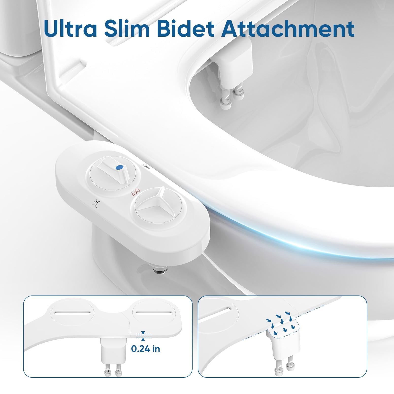 Ultra-Slim Bidet Attachment for Toilet,Retractable Dual Nozzles(Frontal & Rear Wash),Filtered | Non-Electric,Adjustable Fresh Cold Water Pressure, Stainless Steel Inlet(White)