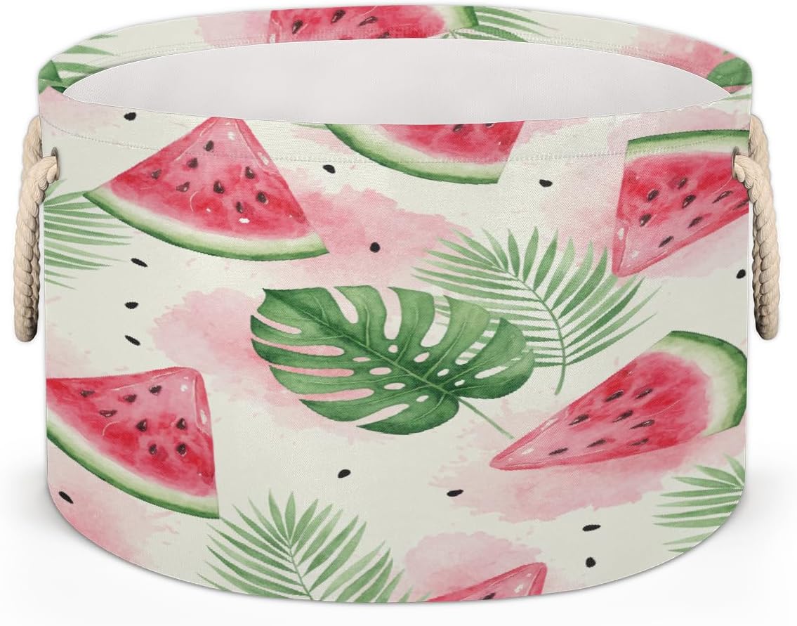 Large Storage Baskets - Watermelon Tropical Leaves Nursery Round Collapsible Organizer Bin Box, Laundry Hamper for Kids Toys, Blanket, Bedroom Living Room Home Decor, Gift Basket, 19.4"x13.3"
