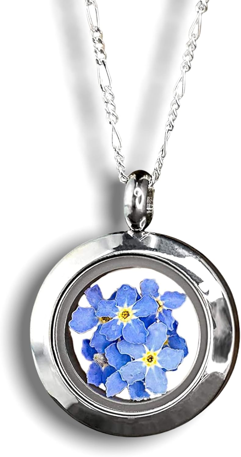 MadamLili 925 Sterling Silver Locket Necklace | Real Forget-Me-Not Flowers | Vintage Jewelry | Memorial Necklace | Meaningful Gift for Mom & Daughter | Flower Pendant Necklace