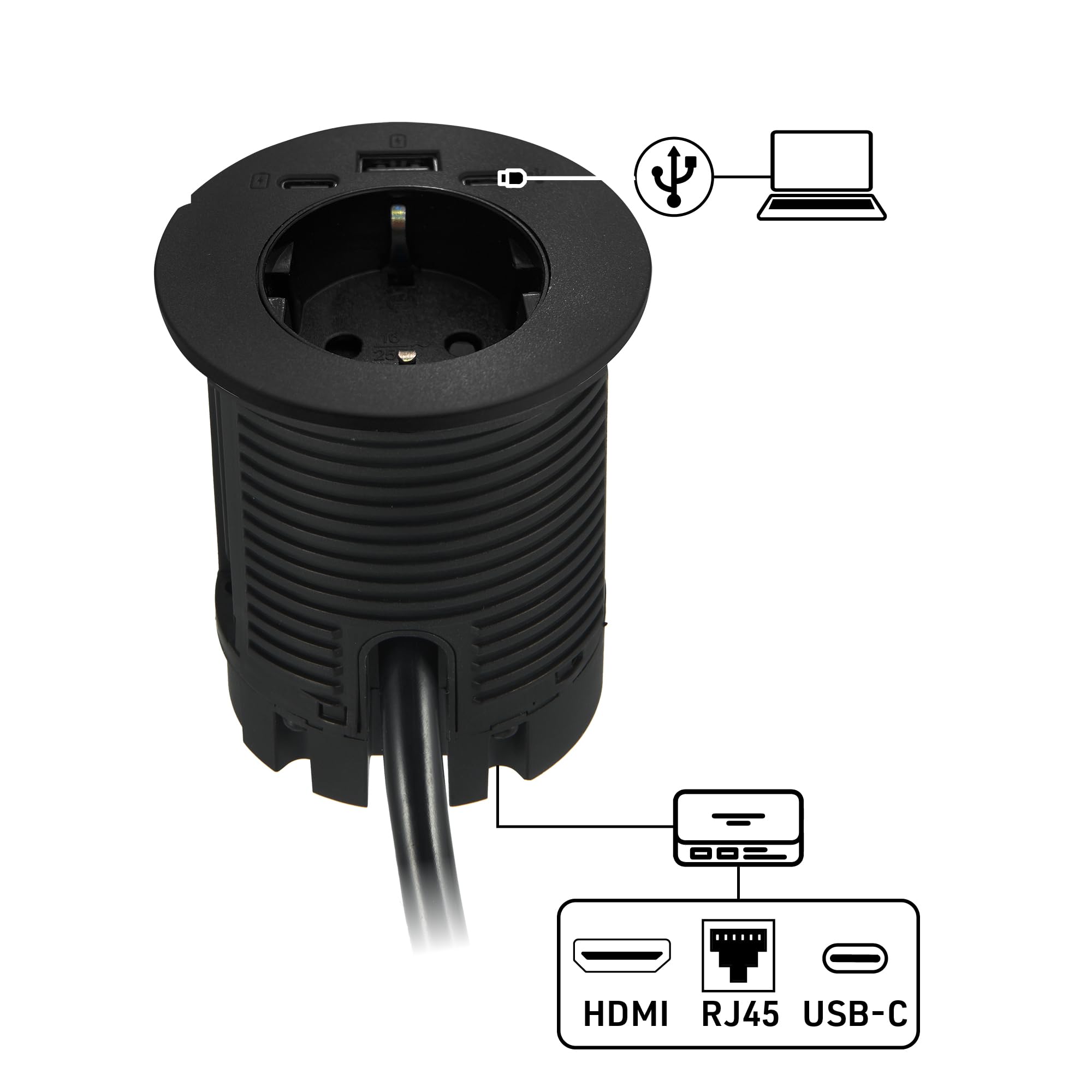 Electraline 62591 Multipresa Scrivania/Presa da Incasso Grommet da Tavolo con Power Delivery 25W 2 USB (1 di tipo C+ 1 di tipo A) + 1 HUB USB-C 2M, D60mm, 1 Presa Schuko + Spina Schuko
