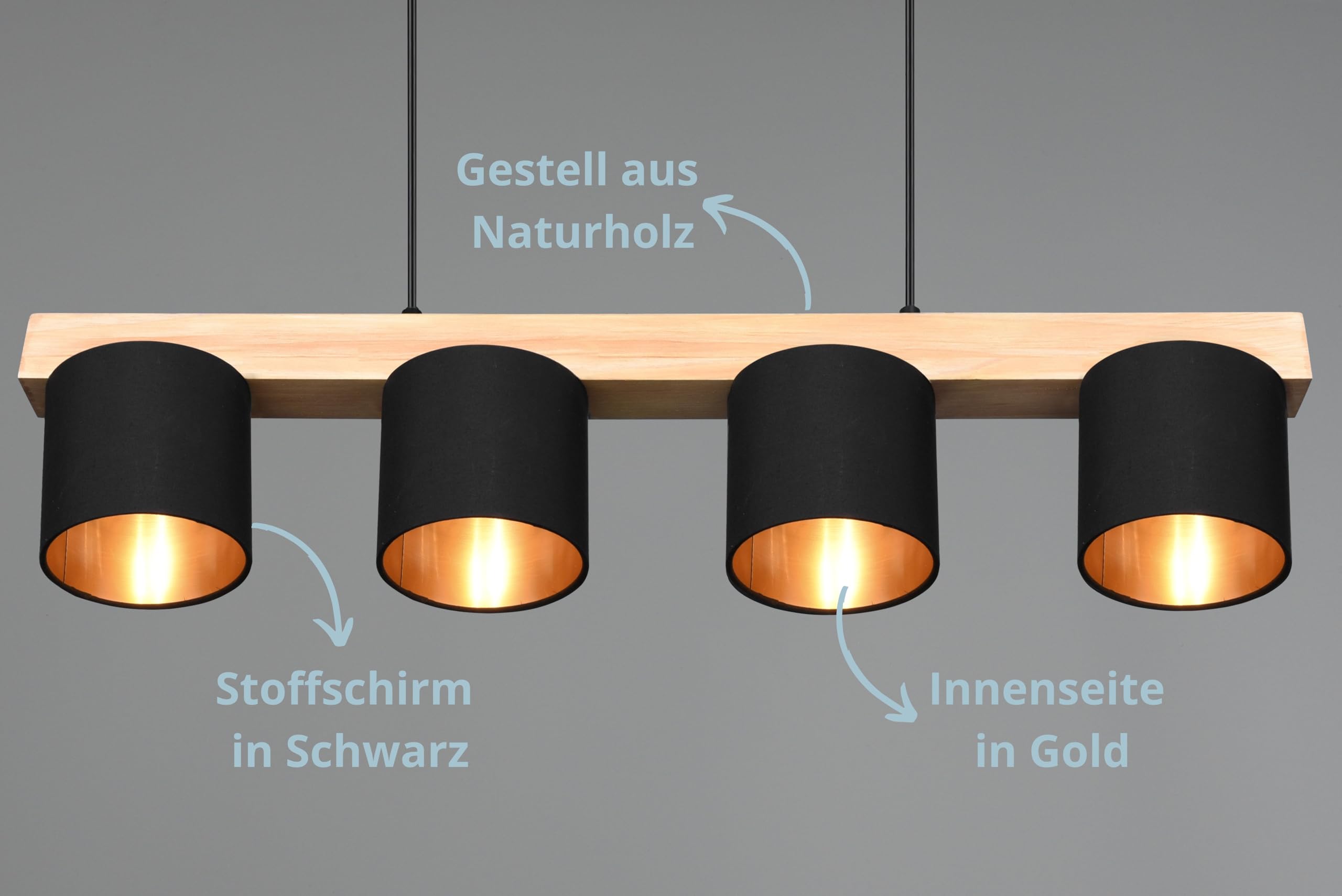 Cameron Pendelleuchte, 4-flammige Hängelampe, Schirm aus Stoff in schwarz gold, Korpus aus Holz, Hängeleuchte Esstisch, Höhe: verstellbar bis 150 cm, Breite: 75 cm, exkl. 4 x E14 max. 28W