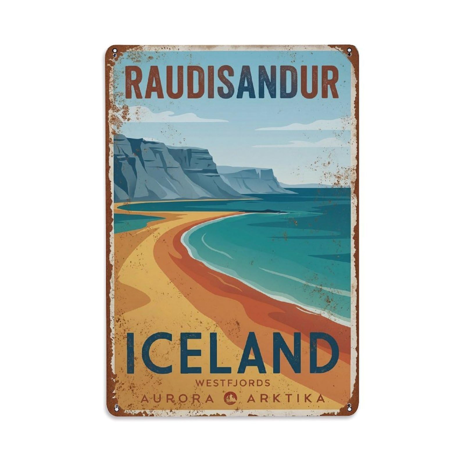 Vintage Travel Raudisandur Iceland Beach Metal Tin Sign Plaque Wall Decor for Cafe, Club Bar, Office, Home Garden Metal Poster 8x12Inch