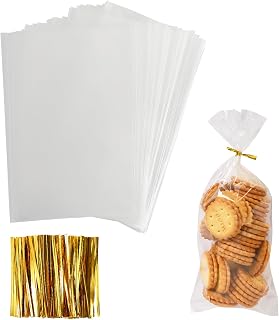 Augshy Cellophane Treat Bags - 300 Pcs, 4x9 Inches, 320 Twist Ties, 1.4 mils Thick OPP Plastic for Packaging Candies, Dessert, Bakery, Cookies