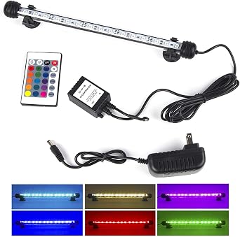 مصابيح خزان الأسماك RGB - شريط إضاءة خزان المياه LED، تحت الماء مع جهاز تحكم عن بعد، شريط مقاوم للماء IP68 مع مؤقت تشغيل/إيقاف تلقائي وخافت سطوع قابل للتعديل 28 سم 110-240 فولت