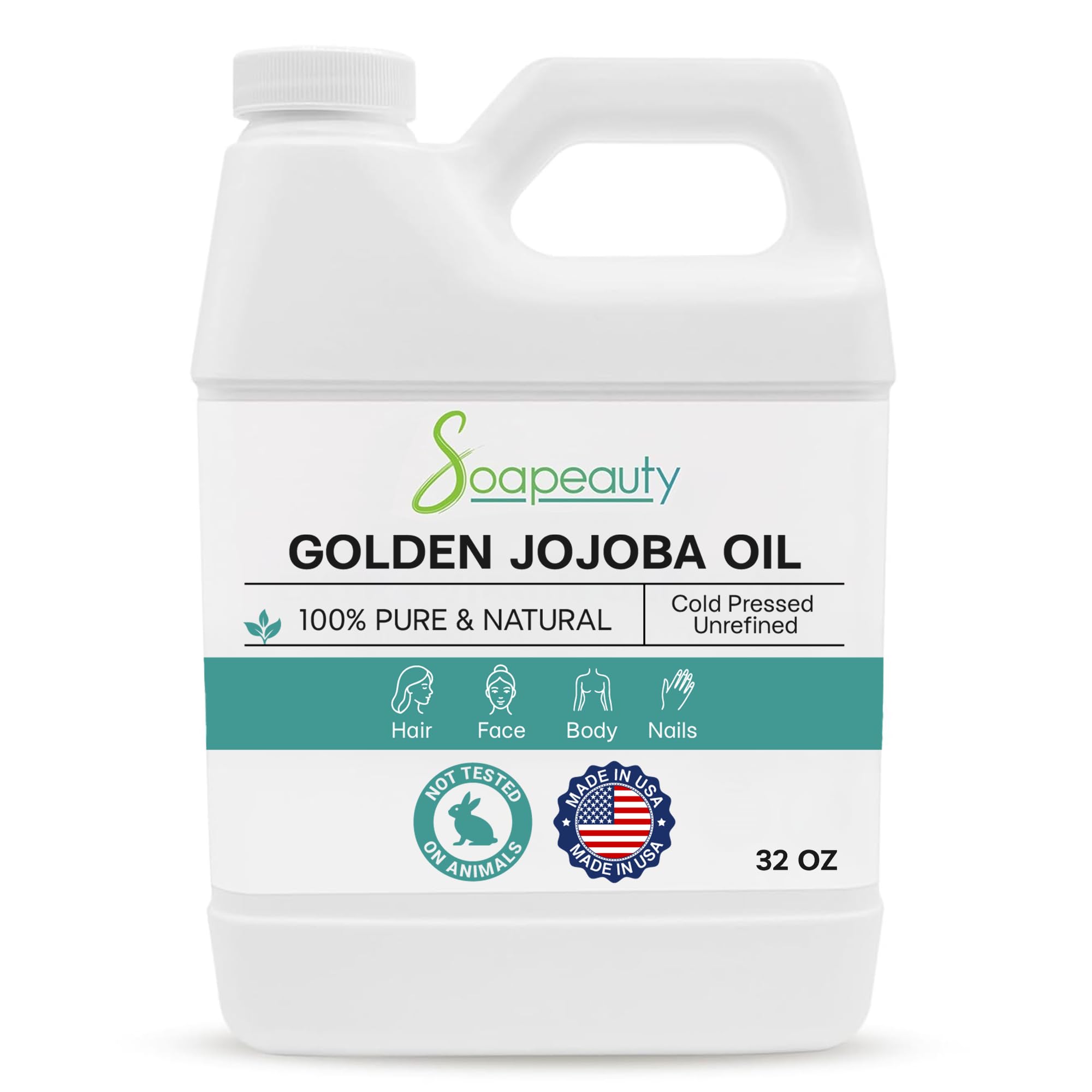 SoapeautyGolden Jojoba Oil | 100% Pure & Natural | Unrefined, Cold Pressed, Hexane Free | Moisturizing Oil for Skin, Face, Hair & Nails | 32 Fl Oz