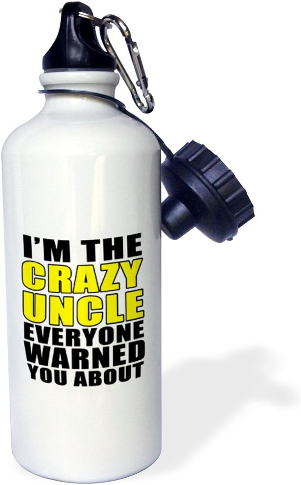 3dRose "Im The Crazy Uncle Everyone Warned You About Yellow" Sports Water Bottle, 21 oz, White