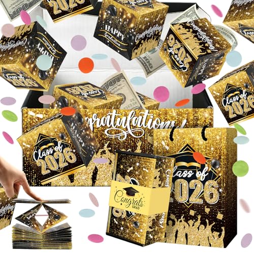 Sereliy Graduation Exploding Money Gift Boxes for Cash 12 Pack Pop Up Surprise Money Box with Confetti Black Gold Graduation Explosion Gift Box for Cash Giving Class of 2026
