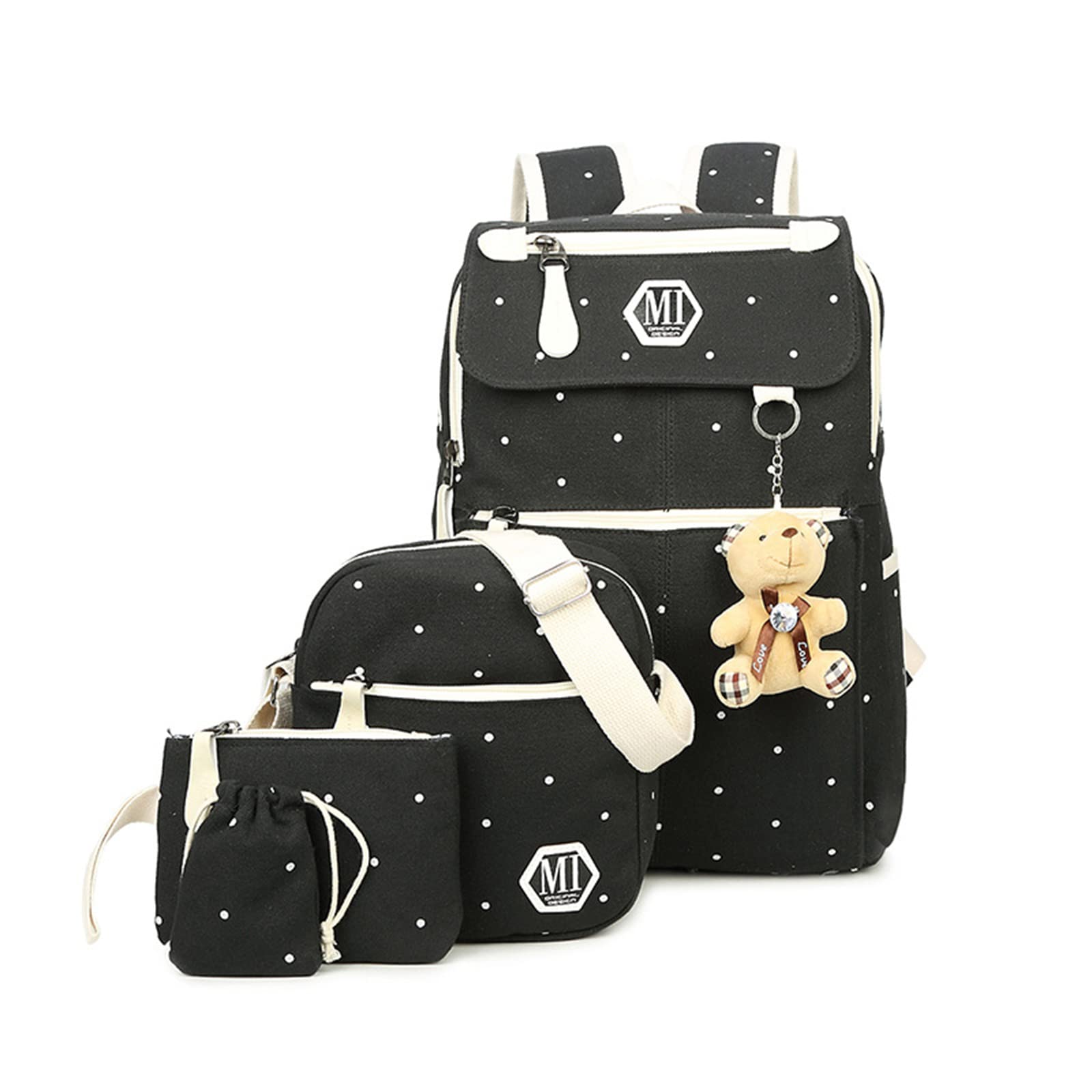 Women Canvas Casual Daypack Polka Dot School Bag for Middle High School Girls Backpack Set 4Pcs Black