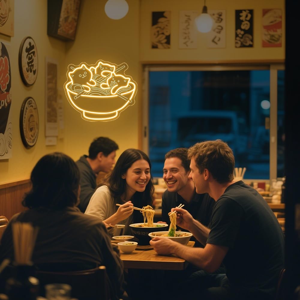 Światła LED z motywem kota, ramen, kawaii, anime, podświetlany znak do restauracji, domu, baru, kuchni, sypialni, japońskiego sklepu, makaronu, ściemniany, neonowy, prezent dla miłośników kotów