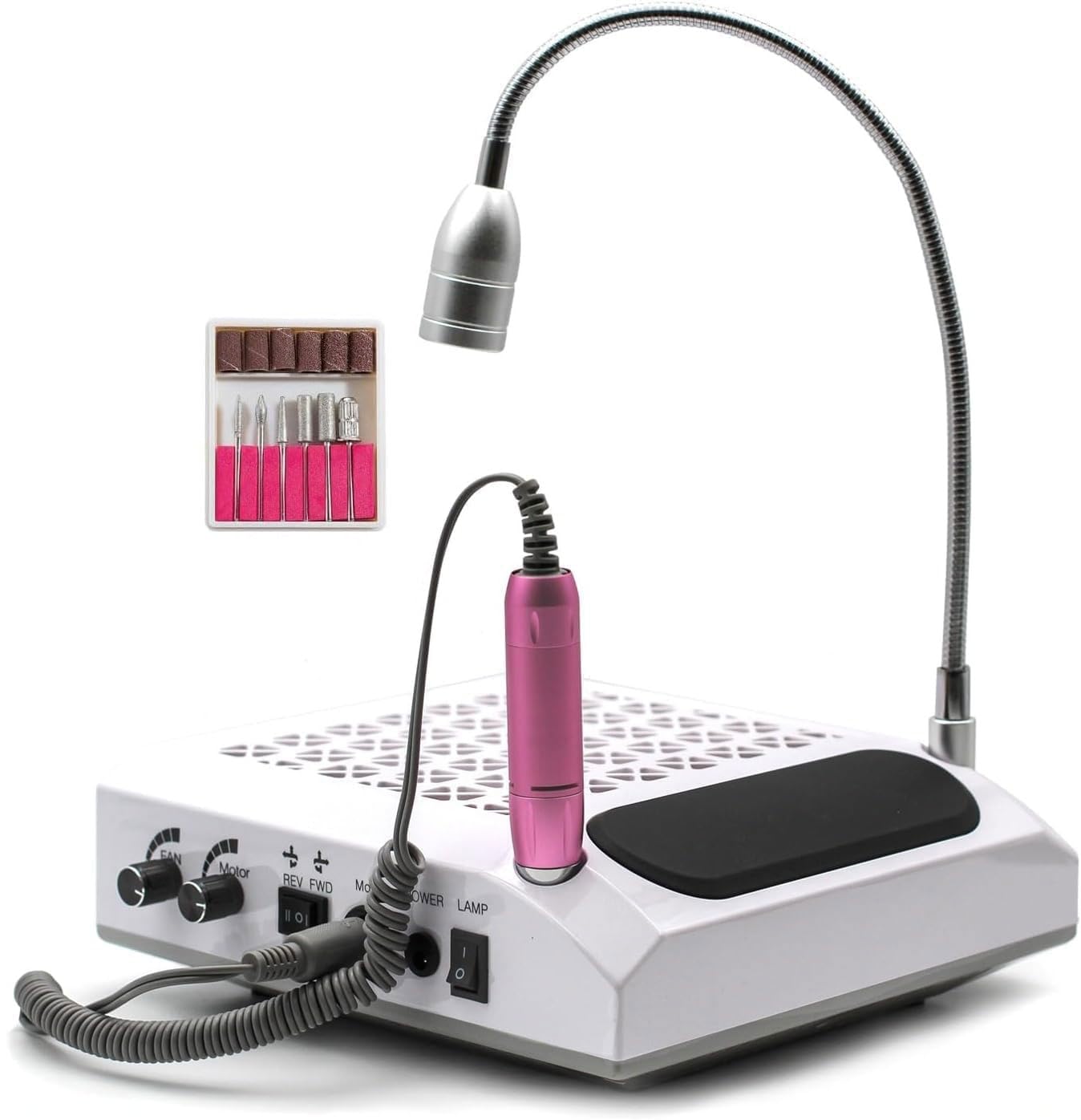 Fresa Unghie 4 in 1 Aspiratore da 60w e filtro lavabile con un Fresa Unghie Elettrico 30000 giri e Lampada Led 5w Bianco Freddo + kit 6 Punte