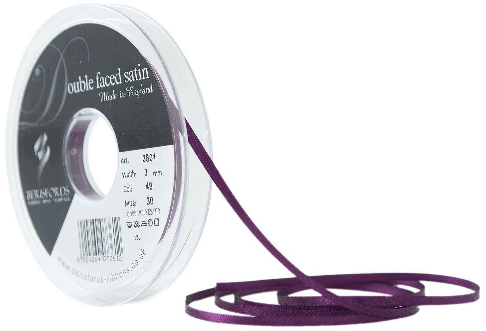 Berisfords Double Satin Ribbon, Plum, 3 mm