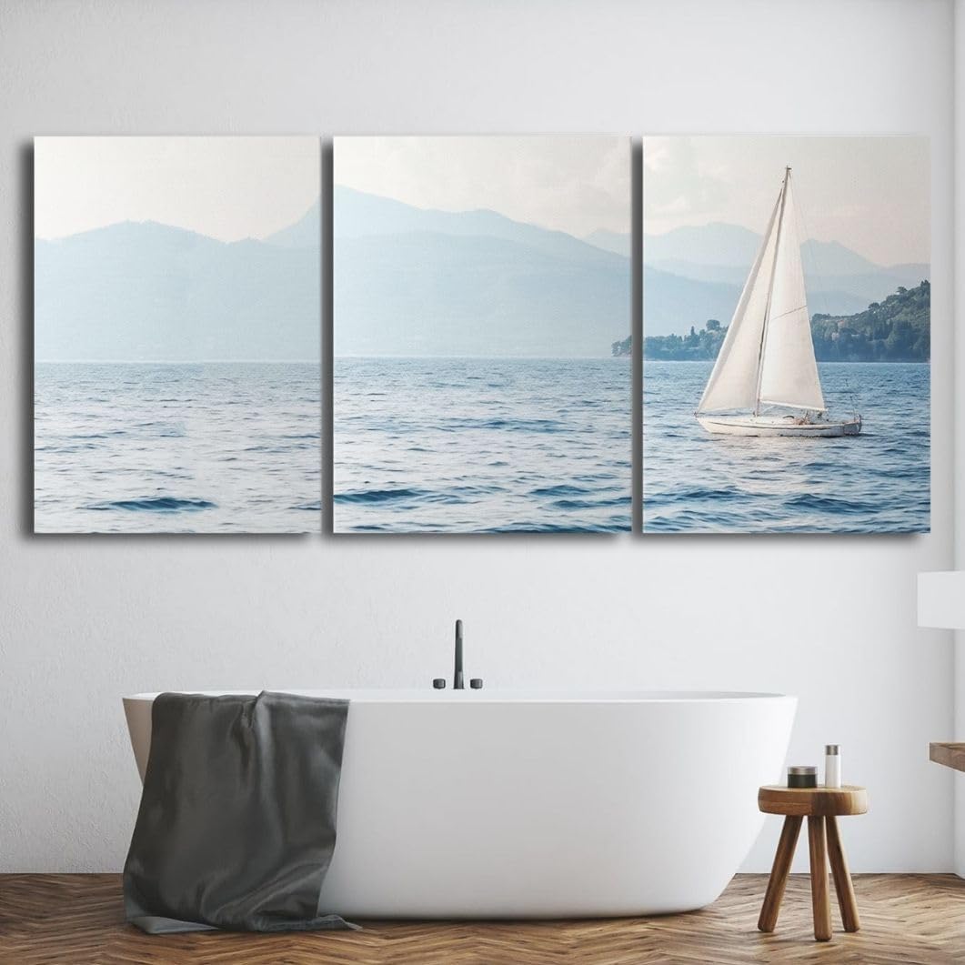 - sawjug Sailboat Canvas Blue, Sailing Ship Canvas Print, Sailboat Wall Art, Blue Seaview Painting, Coastal Wall Decor for Living Room, Bathroom, Bedroom (12" x 18" x 3 pcs)