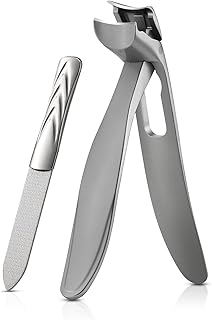 BEZOX Ergonomic Angled Head Precision Toenail Clipper for Senior Thick Nails - Large Finger Nail Clippers Adult with Metal Nail File, Premium Nail Cutter Trimmer for Men and Women - Silver