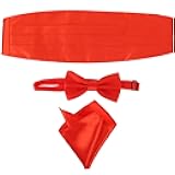 Kisangel Red Bow Tie Cummerbund Set for Men, 3-Piece Formal Tuxedo Accessories with Pocket Square, Classic 4-Pleat Adjustable Waist for Weddings, Proms & Galas