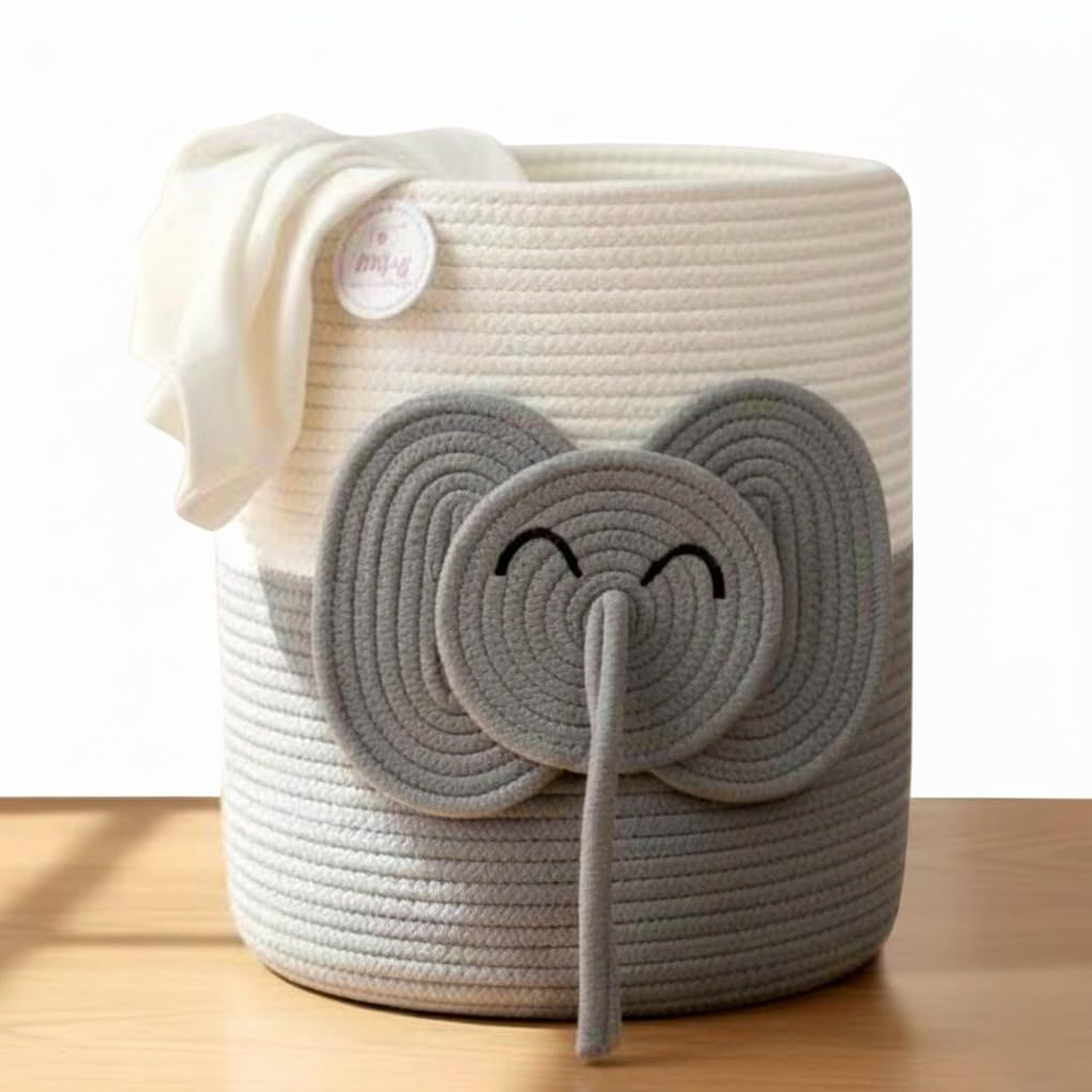 Laundry Basket for Kids, 14" x 12" Woven Cotton Rope Laundry Hamper, Foldable Toy Storage Basket with Animal Face Design & Cutout Handles, Baby Nursery Storage Bin, Nursery Decor Gift (Elephant)
