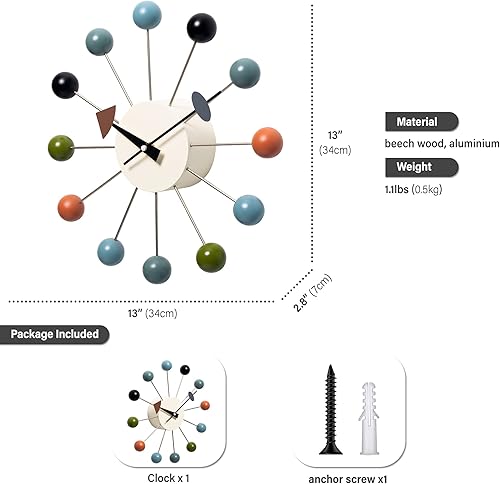 Miniatura 3 de Reloj de pared de mediados de siglo, réplica George Nelson Ball Clock para decoración retro moderna (nogal de 13 pulgadas)