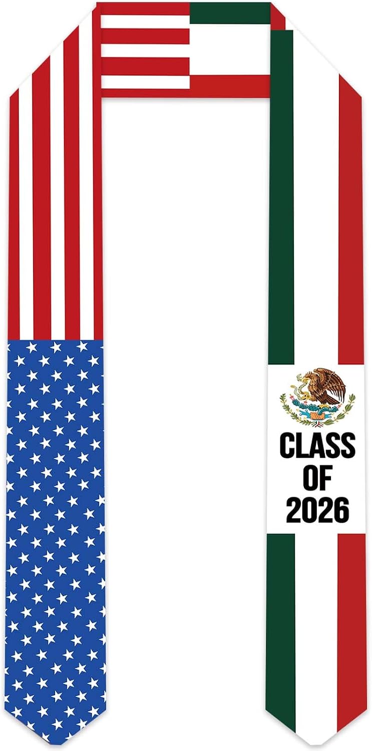 GOLDCROW Mexican Graduation Stole 2026 - Mexican American Flag Graduation Sash for Class of 2026, 67.72 x 4.72 Inches for Graduation Ceremonies, Fiestas, and Cultural Celebrations