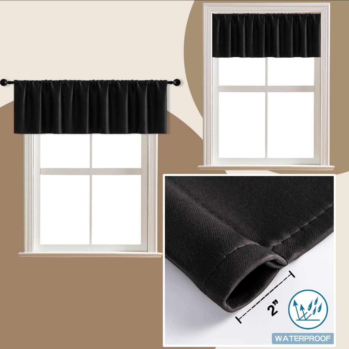 XTMYI Black Waterproof Blackout Small Tier Curtains 30 Inch Length Bundle with 16 Inch Black Waterproof Valances Set for Kitchen Bathroom