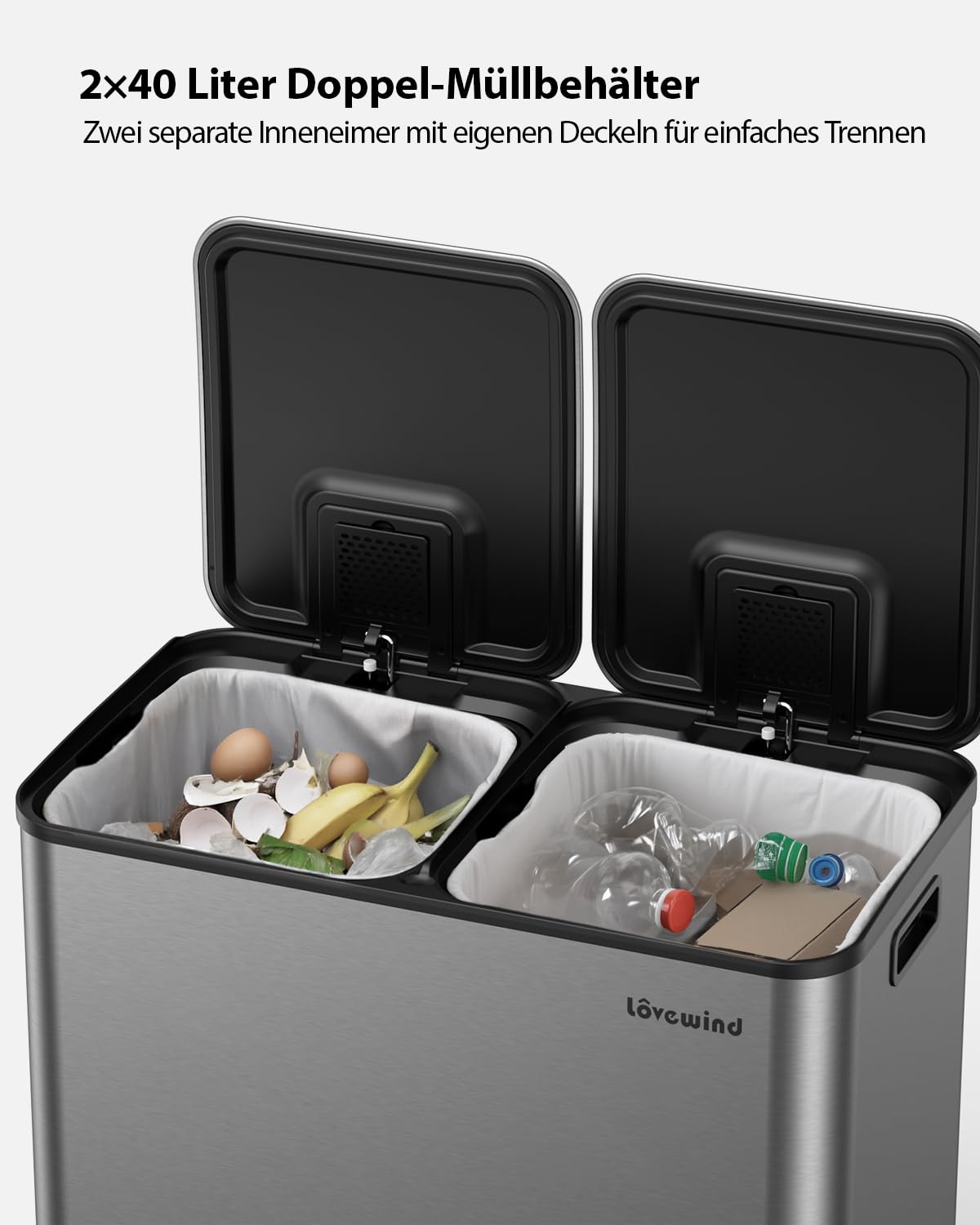 lovewind Mülleimer, 2 x 40L Mülleimer Küche, Doppeleimer für Recycling und Abfall, Silber, Mülleimer aus Edelstahl mit Deckel und Inneneimern, Großes Fassungsvermögen, Deckel mit Soft-Close-Funktion