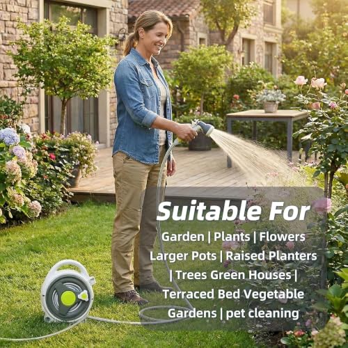 Image of Rolling Hose Reel Retractable Portable Garden 50FT With 7 Function Sprayer Nozzle - Hideaway Wall Mount for Cleaning Patio Car Washing (Grey)