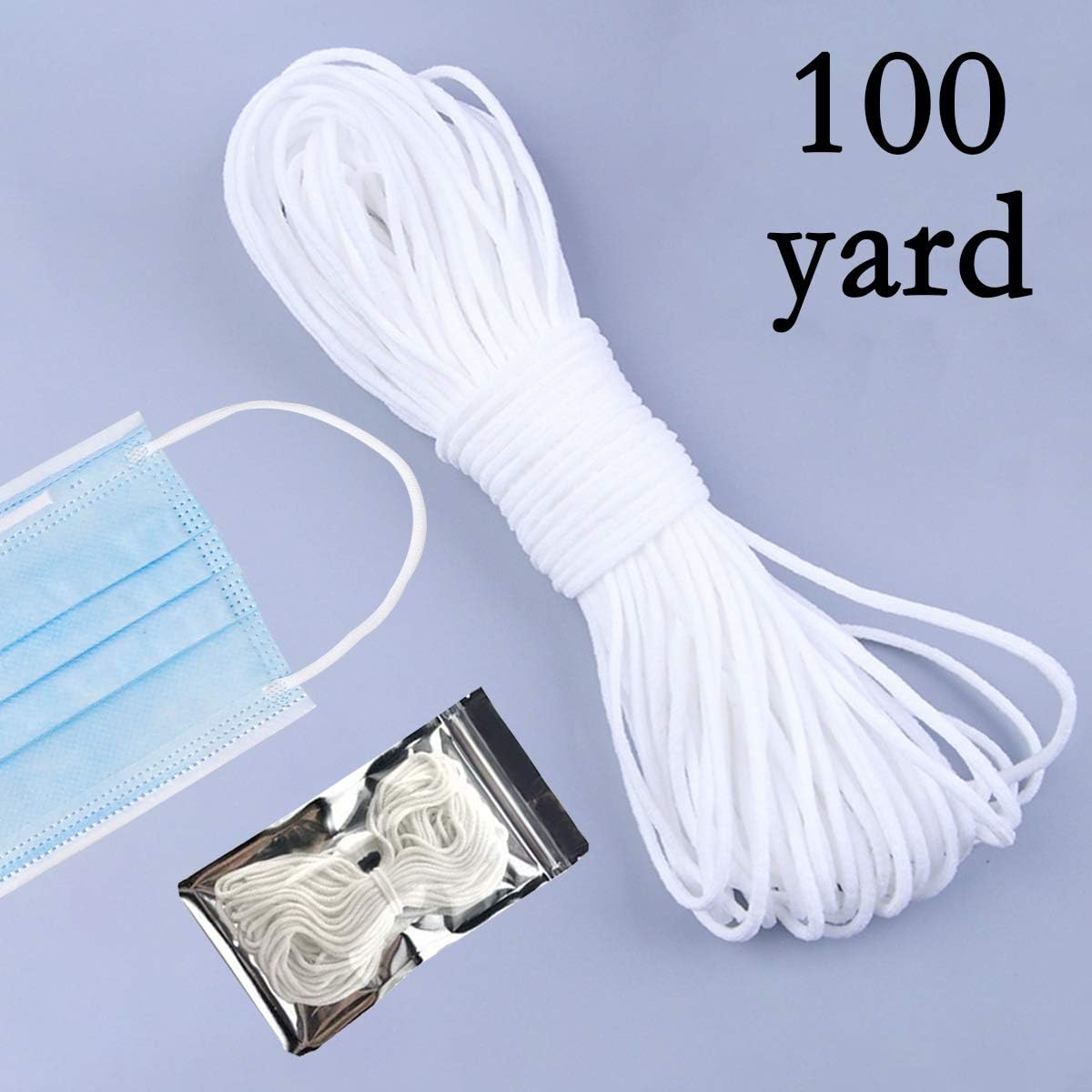 100 Yard Elastic Strap White Earloop Cord 1/8-Inch (3mm) Stretchy Mask Ear Tie Rope Handmade String for Sewing
