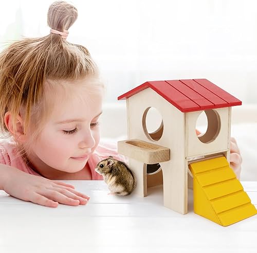 Miniatura 10 de Cabaña de escondite para hámsteres pequeños Animales de dos capas Casa de madera para ratones Gerbo Rata enana Jaula de hámster Juguete de ejercicio
