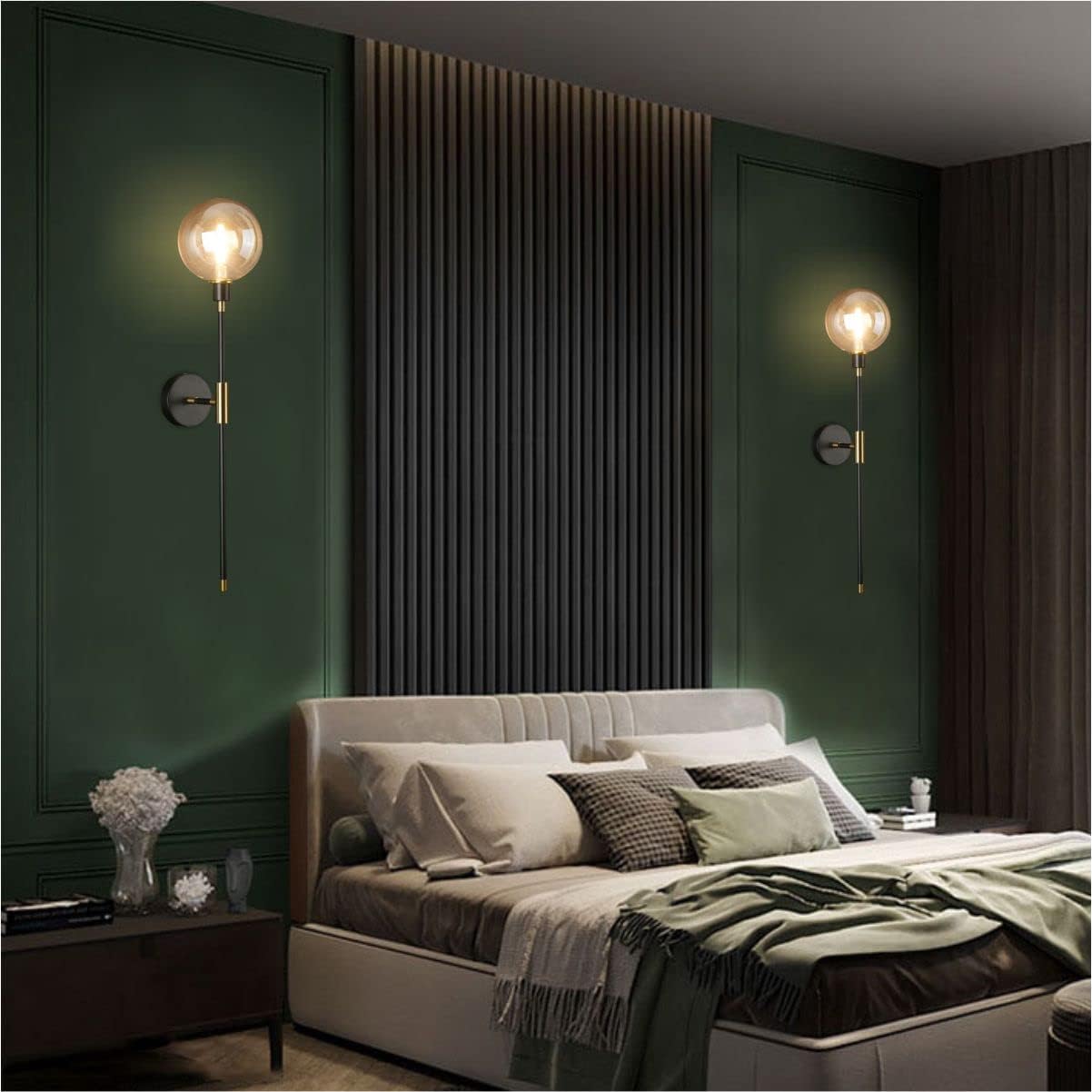 KCO Lighting 1-Light Sconces Wall Light Gold Black Modern Wall Mounted Sconce Globe Glass Shade Wall Lamp with Long Arm for Bedroom Hallway (Amber,2 Pack)