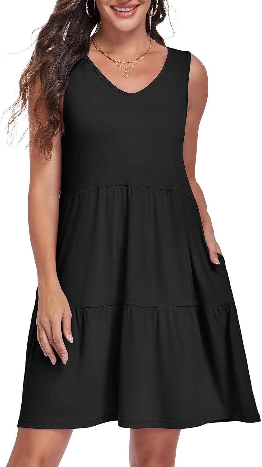 elescat Sundresses for Women Summer Casual Loose Sleeveless Tiered Swing V Neck Tank Dress with Pockets - Image 3