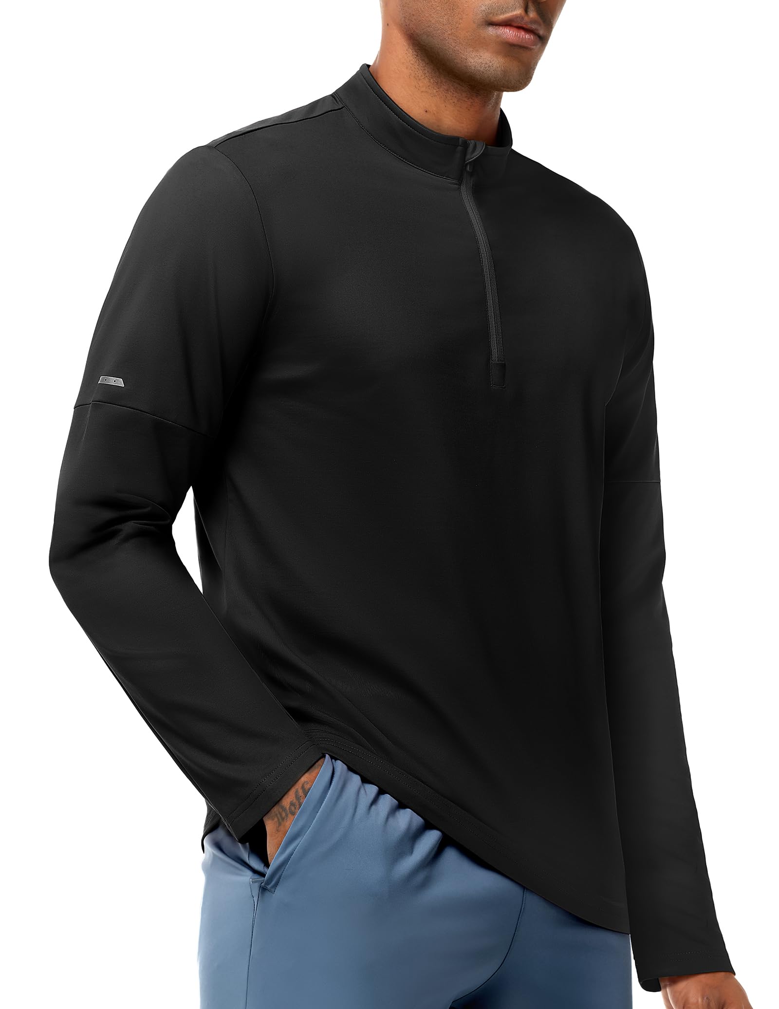 MIER Men's Fleece Lined Quarter Zip Running Pullover | Soft brushed warmth, moisture-wicking 4-way stretch, chin guard and reflective details for cool-weather runs