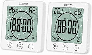 GXSTWU 2Pcs Digital Shower Clock, Bathroom Timer Clock, Waterproof for Water Spray, Count Up Count Down Alarm, Touch Screen Timer, Temperature Humidity, Wall Clock Magnet, Suction Cup, Stand (2packs)