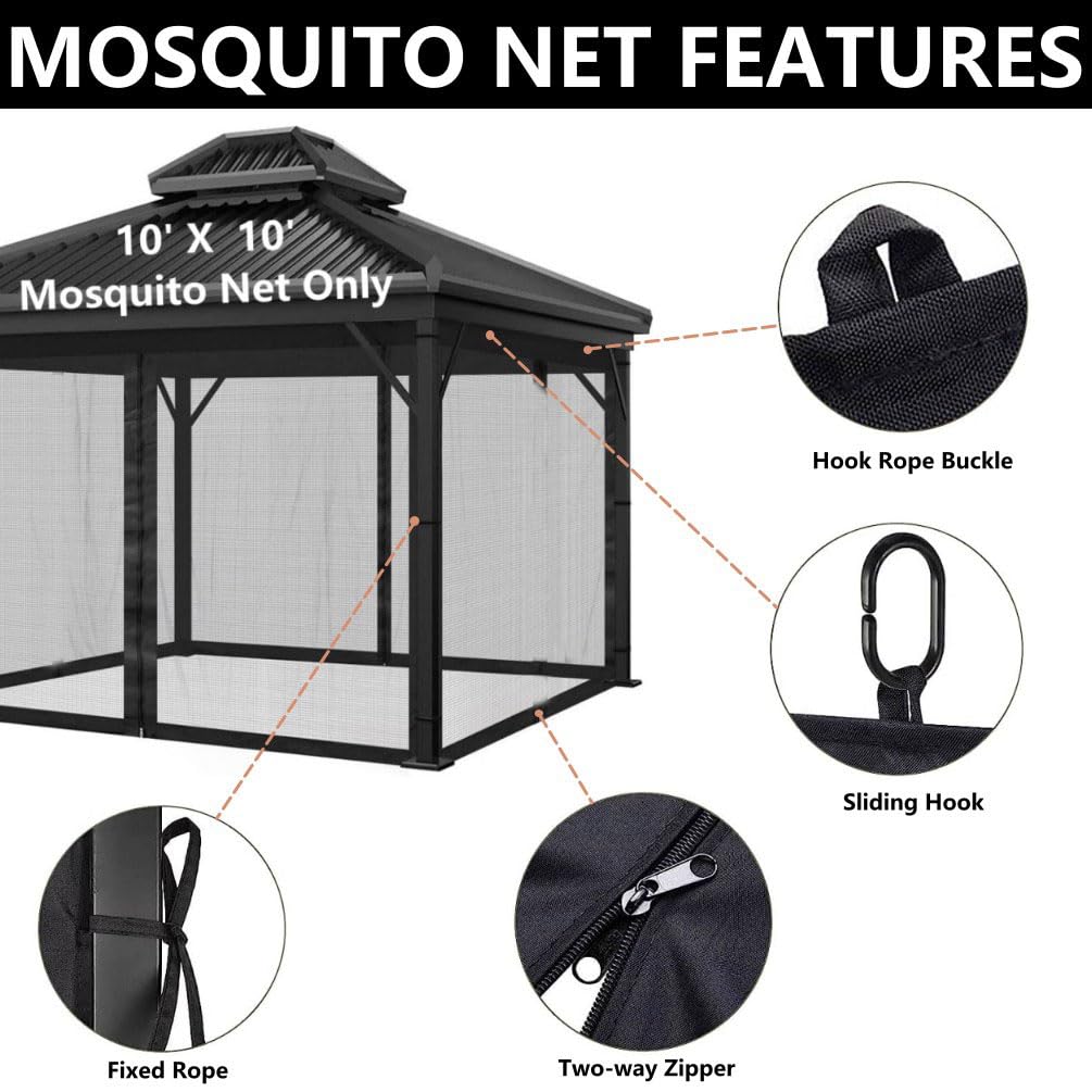 Mosquitera para toldo de kiosco al aire libre, 4 paneles de pared con 2 cremalleras para cenador de patio de 10 x 10 pies y tienda de campaña (solo mosquitera sin marco) 10 x 10 pies con 2