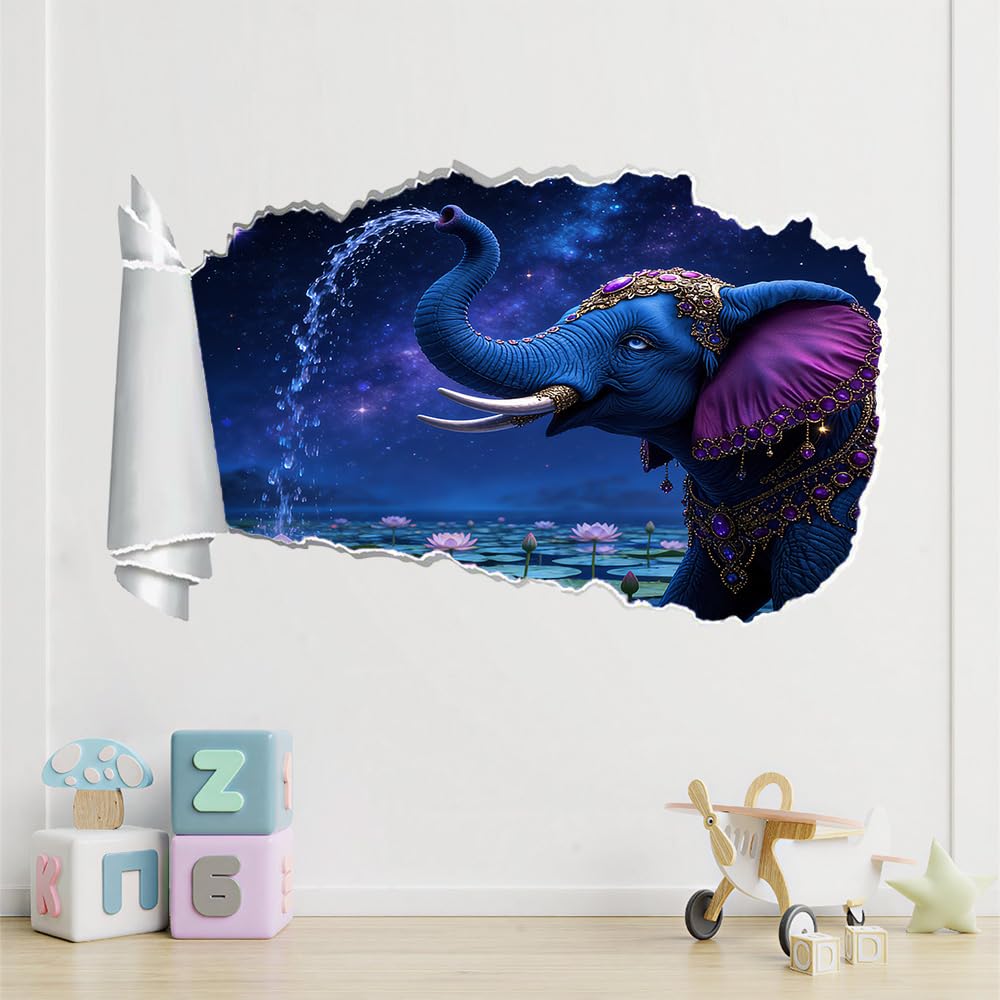Stickers Muraux 3D Smashed Murales Animaux Éléphants Autocollants De Sol En Imperméables Amovibles Art Paysage Du Lac Lotus Pour Chambre Salon Bureau Pépinière Décoration Murale